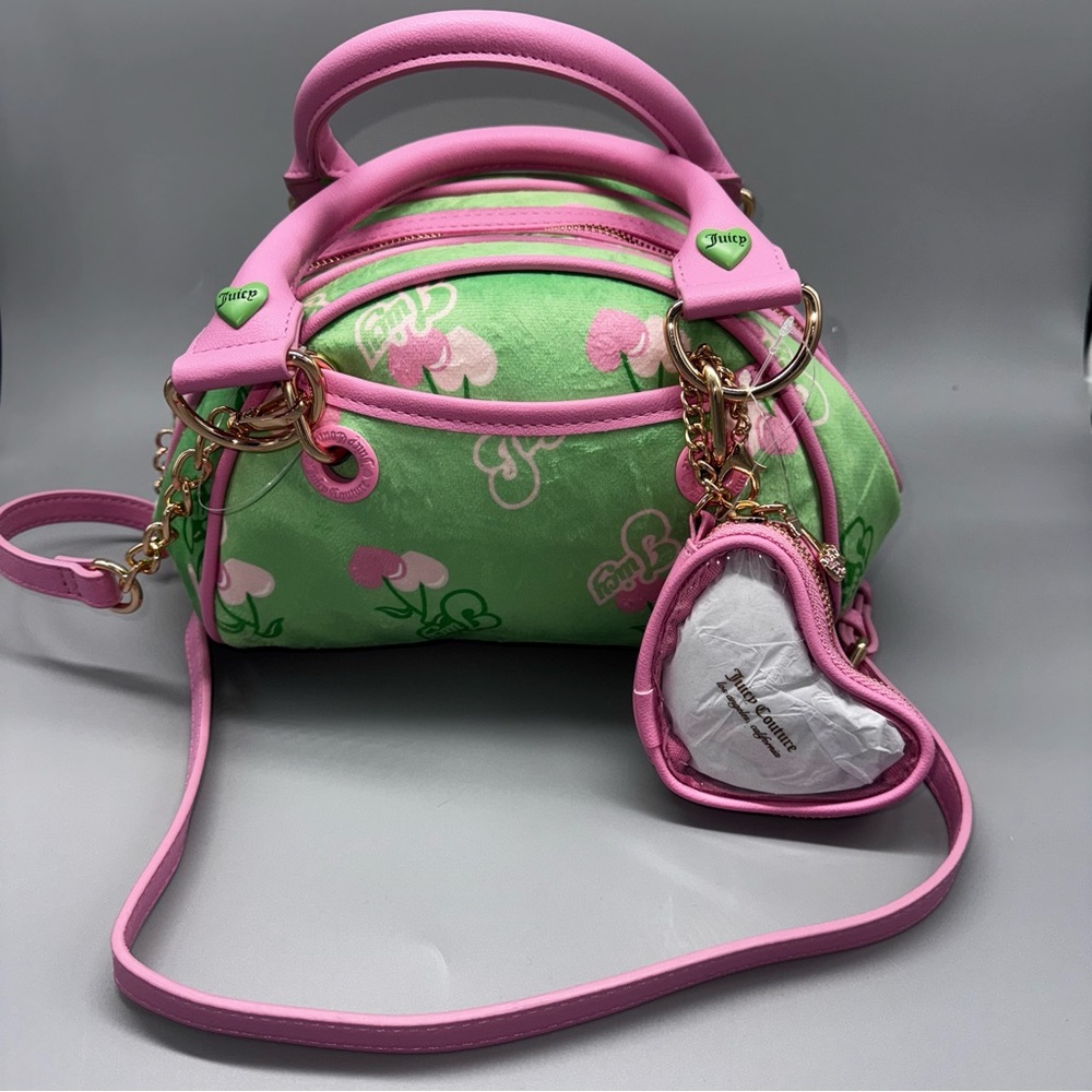 NEW Juicy Couture Cherry Velour Satchel Crossbody Bag Purse Retro Green Pink